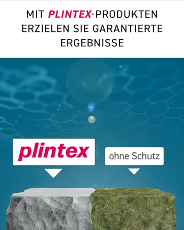 Der Text lautet: „MIT PLINTEX-PRODUKTEN ERZIELEN SIE GARANTIERTE ERGEBNISSE“, gefolgt von „plintex ohne Schutz“. Zeigt Landschaftsvergleichsbilder mit Wasserspielen.