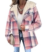Weinexra Womens Plaid Shacket Jacket Long Sleeve Button Down Fleece Hooded Jacket Warm Coat Casua...