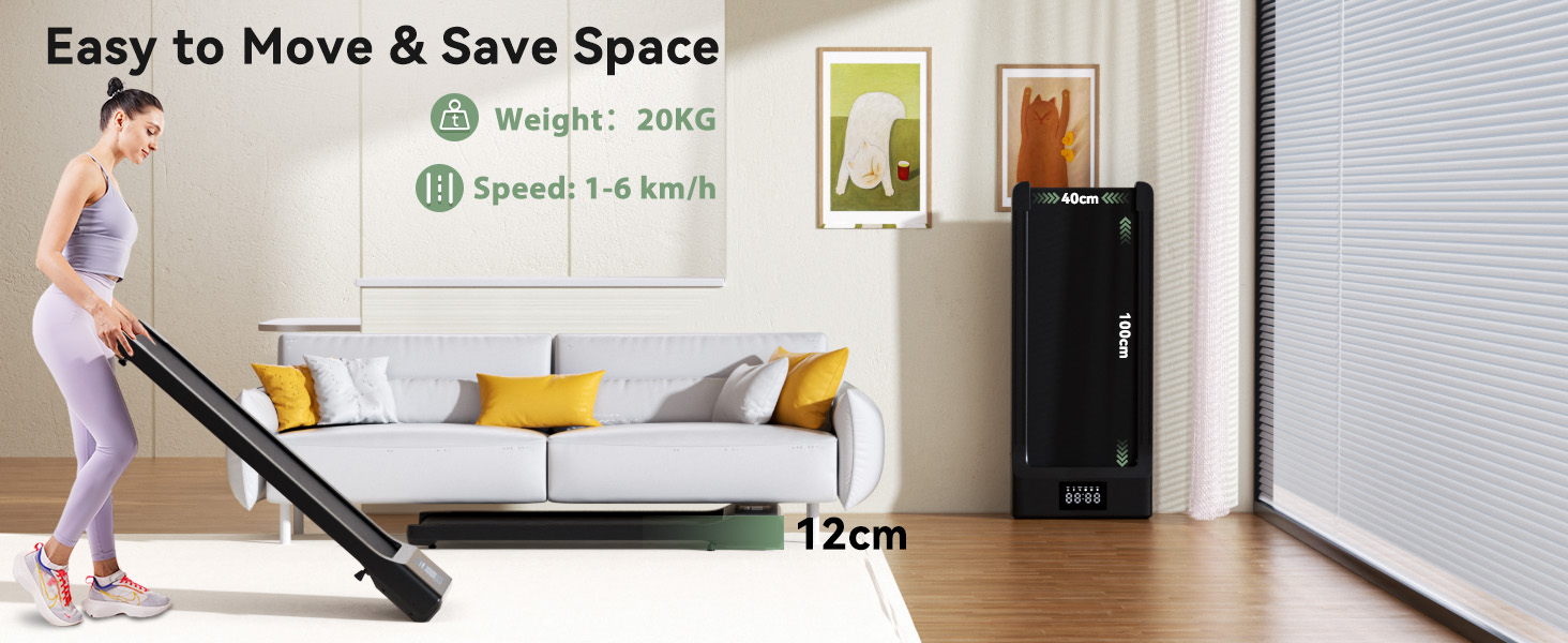 Woman using compact treadmill in living room. Text overlay indicates 20KG weight, 1-6 km/h speed, and 12cm thickness. Sofa and artwork visible in background.