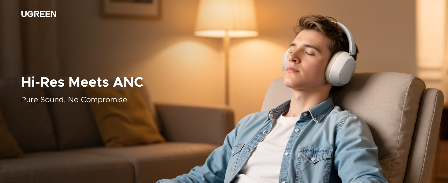 Text reads: 'UGREEN' and 'Hi-Res Meets ANC'. Advertisement showing person relaxing in chair wearing white over-ear headphones.