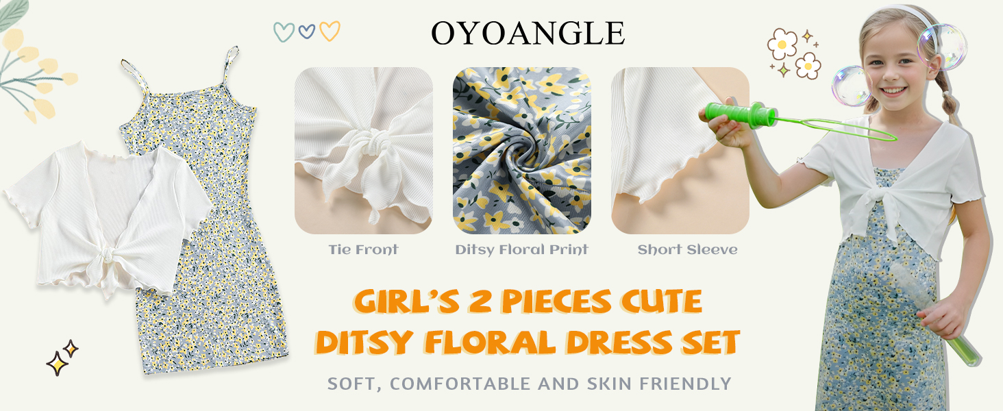 OYOANGLE Girl's Floral Print Sleeveless Cute Cami Dresses and Short Sleeve Tie Front Top Sets