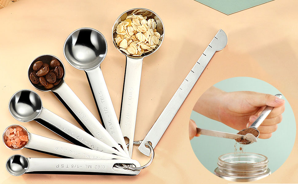 Stackable Measuring Spoons Set of 7 Including Leveler, Tablespoon with Metric and US