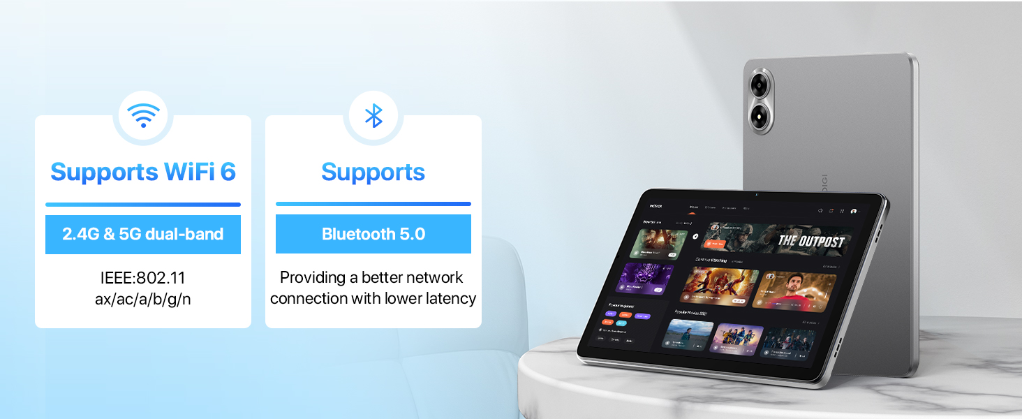 Tablet device with large screen displaying a streaming interface. Image highlights WiFi 6 and Bluetooth 5.0 connectivity features.