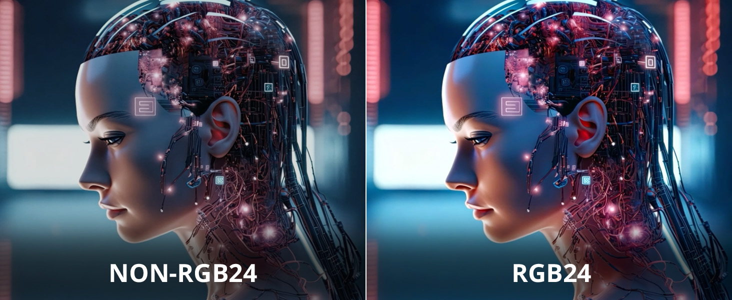 Vergleich zweier Gesichtsprofile mit digitalen Overlays. Links mit „NON-RGB24“ beschriftet, rechts mit „RGB24“ beschriftet, was den Farbunterschied zeigt