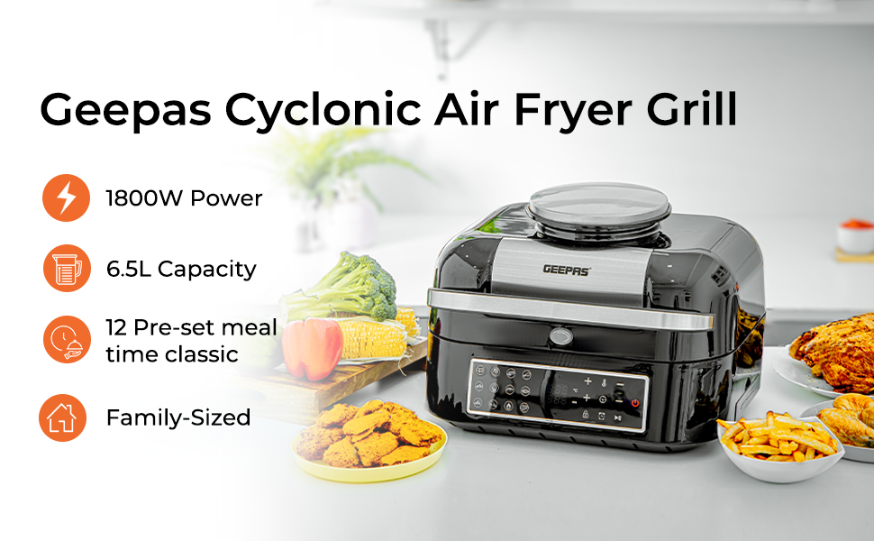 Geepas Vortex 6.5L Air Fryer & Smokeless Indoor Grill 12in1 Smart