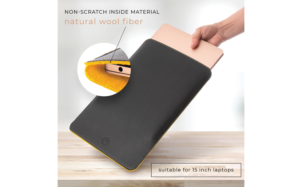 PU Leather 15 Inch Laptop Sleeve, Natural Wool Padded Laptop Sleeves