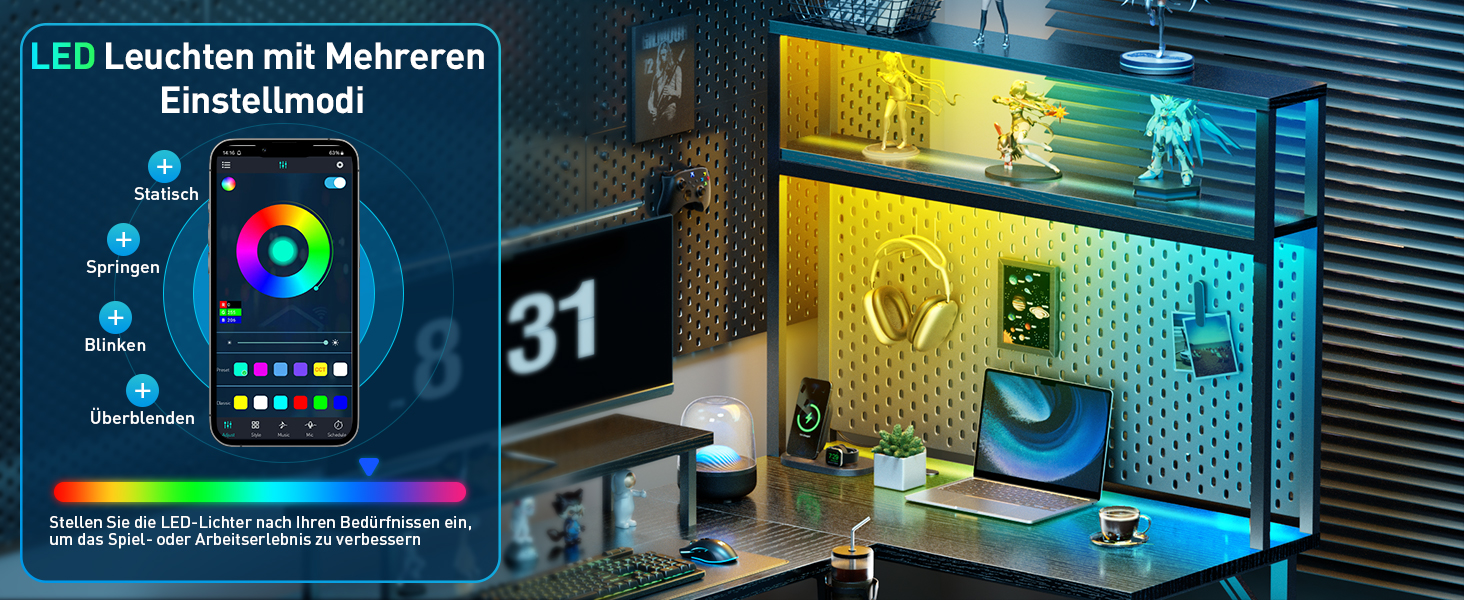 LED-Leuchten mit mehreren Einstellungen, die über die Smartphone-App gesteuert werden. Die Szene zeigt bunte Lichter, die einen Miniaturraum mit Regalen, Dekorationen und der Zahl 31 beleuchten