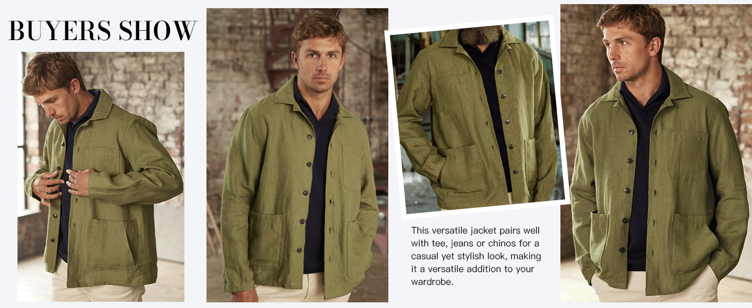 Mens Linen Shirt Jacket Button Down Long Sleeve Shacket Casual Lightweight Jacket Coat
