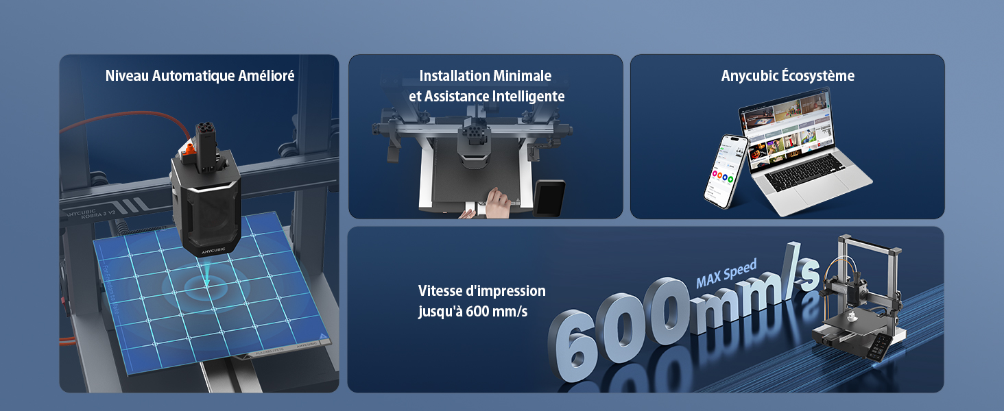 Schéma technique montrant les applications de drones avec le texte « 600 mm/s » visible. Des panneaux teintés en bleu illustrent les différentes opérations et capacités des drones.