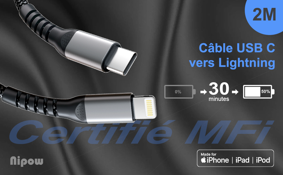 Câble USB C vers Lightning 2M[Certifié Apple MFi], Câble Chargeur
