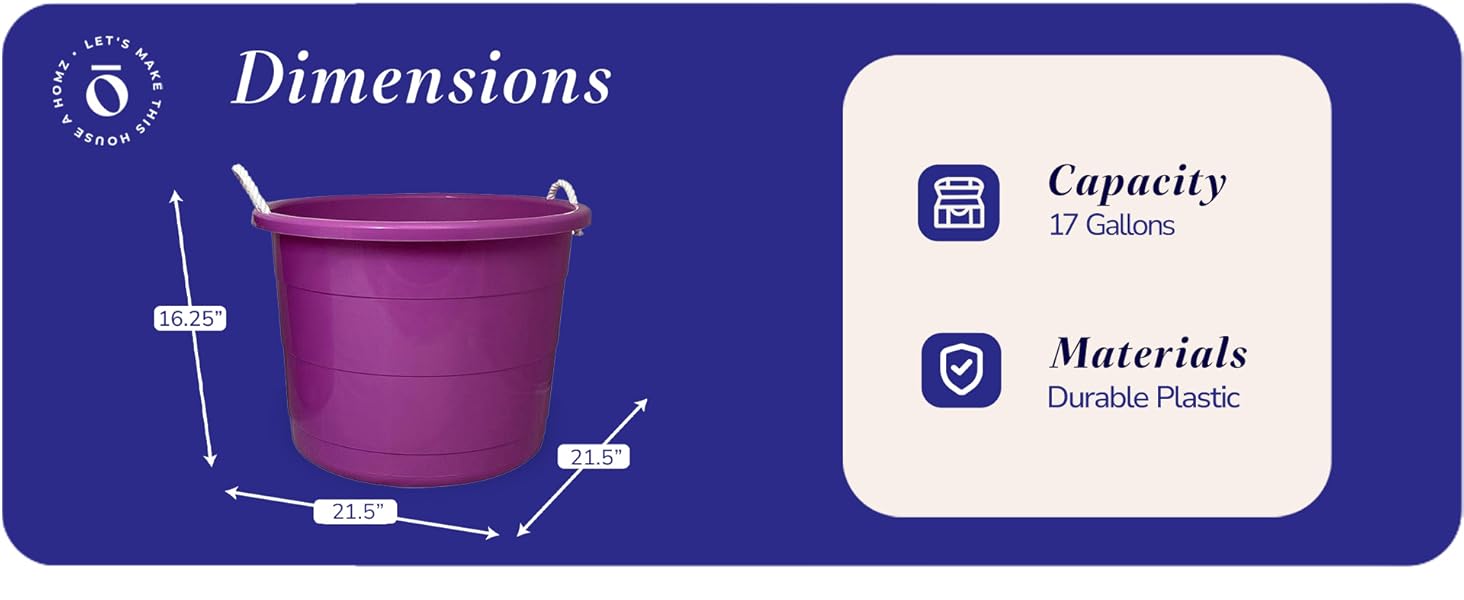 Homz 17 Gallon Indoor Outdoor Storage Bucket w/ Rope Handles, Orchid (2 Pack)