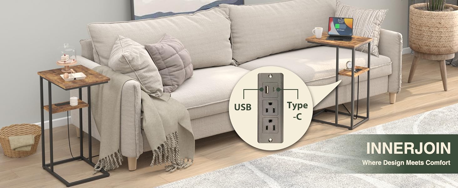 Innerjoin Side Table with Charging Station Set of 2, C