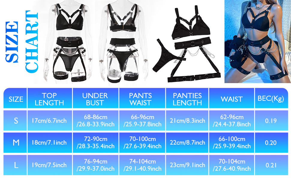 para conjunto de lencería femenina. Muestra las medidas de la parte superior, la parte inferior del pecho, los pantalones, las bragas y la cintura en las tallas S, M, L, XL y XXL