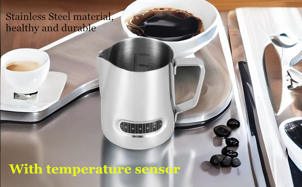 Milk Frothing Pitchers with Integrated Thermometer, 500ml Stainless Steel Milk