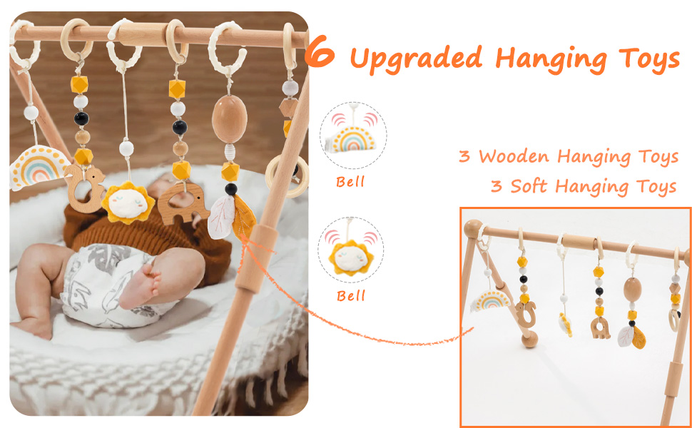 Frogprin Wooden Baby Gym with 6 Hanging Toys, Wooden Play