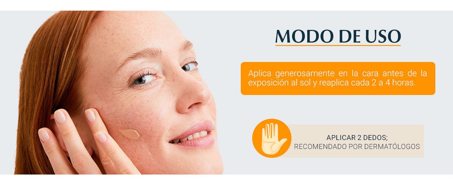 Modo de uso: Aplica dos dedos de productoen la cara antes de la exposición al sol