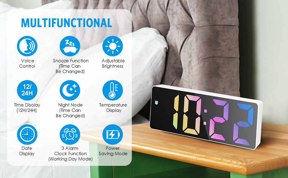 Criacr Digital Alarm Clock, Alarm Clocks Bedside with Colorful LED