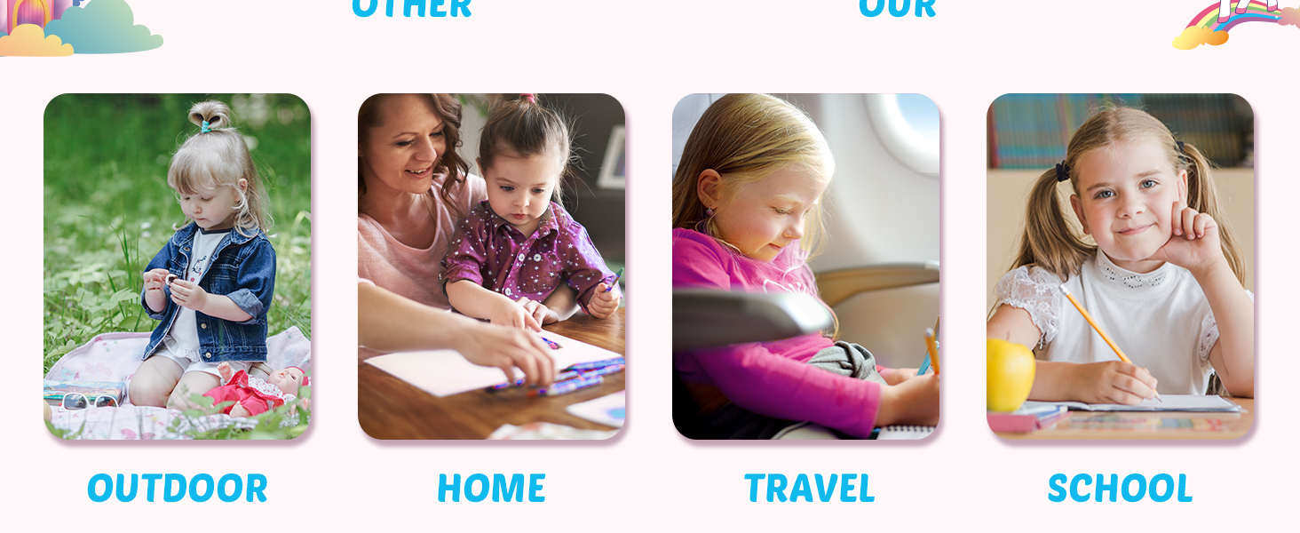 Four category icons labeled 'Outdoor', 'Home', 'Travel', and 'School', showing different activity scenes.