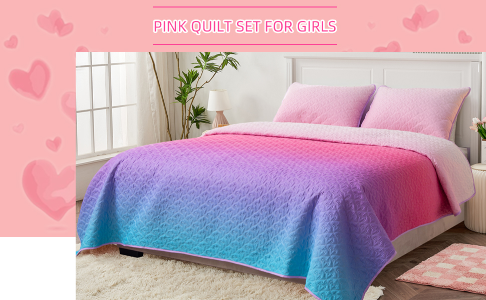 SUCHBED Pink Quilt Queen Size for Girls Cute Bedding Set