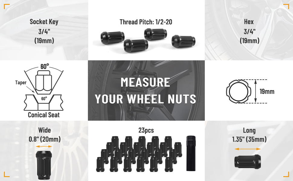 MIKKUPPA 23PCS 1/220 Spline Lug Nuts 3/4" Hex, 1.35