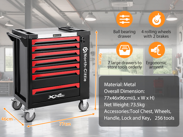 North-Cittie Przemysłowy 7-warstwowy wózek narzędziowy z 256