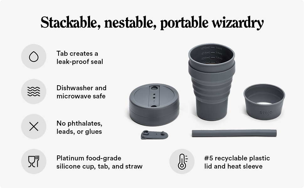 STOJO Titan Collapsible Travel Cup With Straw Ink Black