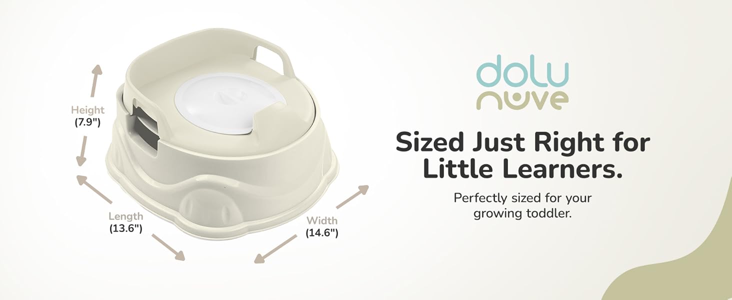 Text Reads: "Sized Just Right for Little Learners." – beige potty with size measurements