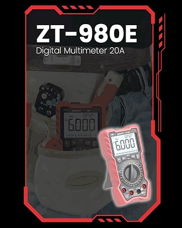 ZT-980E Digital Multimeter 20A. Red and black device with LCD display showing 6000. Packaging image with red border and product details.