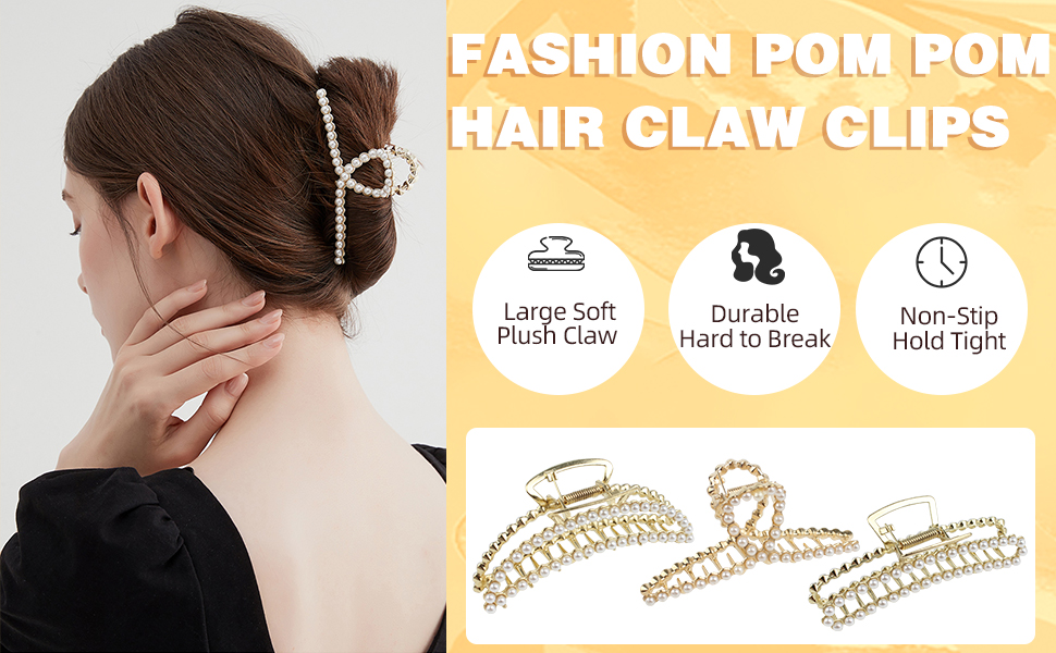 3 PACK Large Metal Pearl Hair Claw Clips Hair Catch Barrette Jaw Clamp