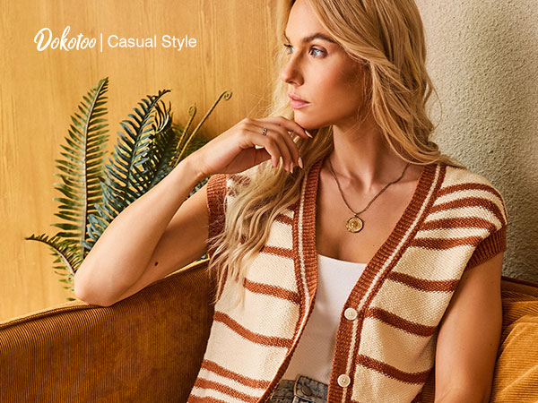 Dokotoo Tops for Women Striped V Neck Button Vest for Women