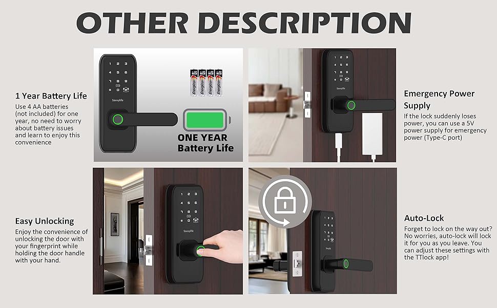 1 year batterry life, emergency power supply, easy unlocking, anto-lock 