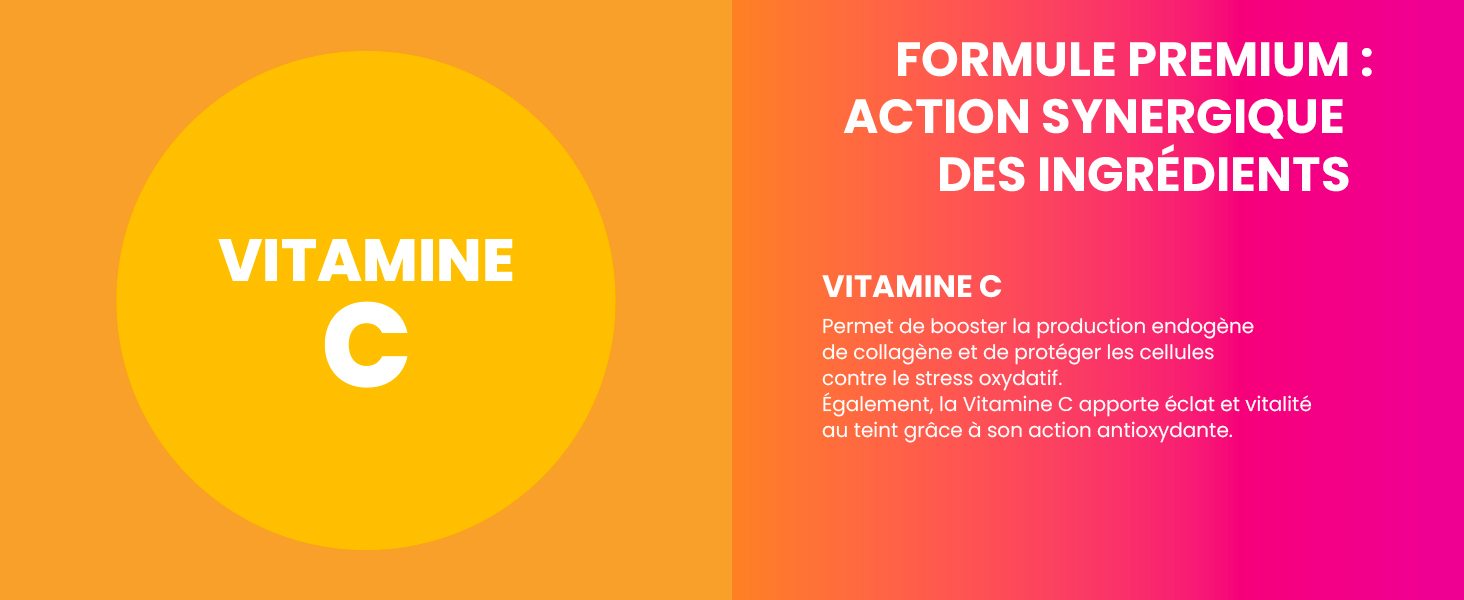 en dégradé orange et rose contenant des informations sur la vitamine C en texte français avec un élément de design circulaire.