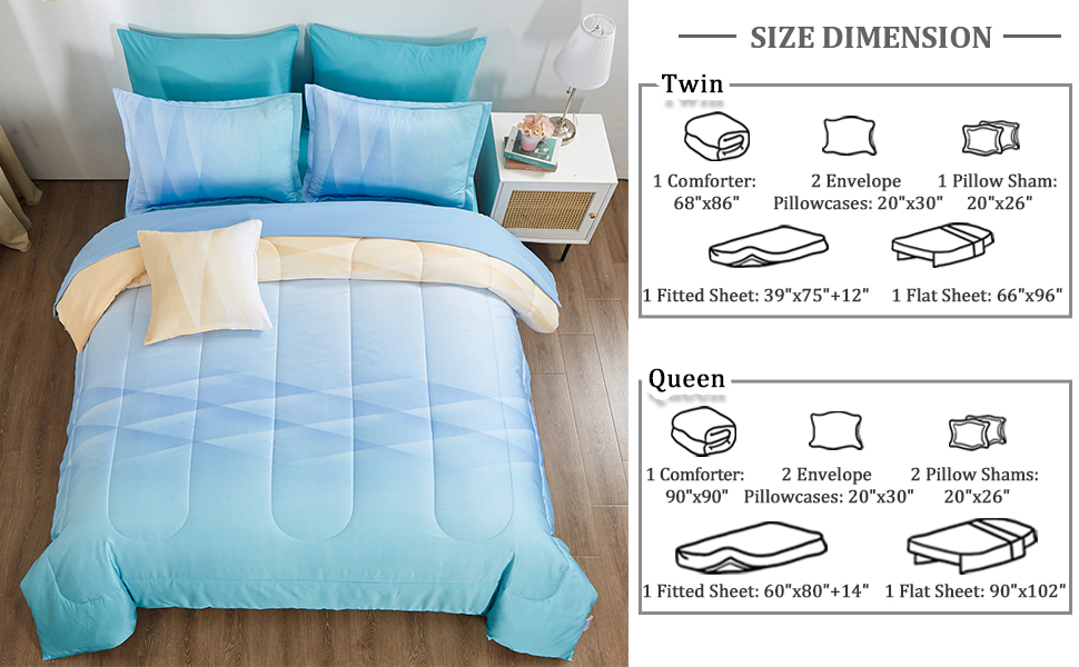 Girls Comforter Set Queen Size Colorful Ombre Blue Yellow