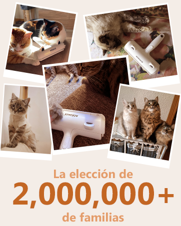 ACE2ACE Brush for Dogs Cats, Pet Brushes for Long and Short Hair, Suitable for Hair Removal of Large, Medium and Small Dogs, Pet Hair Removal with One Click 16 Collage de gatos que interactúan con un dispositivo portátil blanco, probablemente una herramienta para el aseo de mascotas. Se muestran gatos en varias poses con el dispositivo, lo que demuestra su uso con compañeros felinos