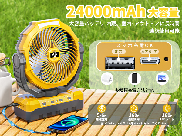 卓上扇風機 車中泊 最大160時間連続使用 吊り下げ キャンプ用品 Amazon | キャンプ 扇風機 車中泊 24000mAh大容量 最大160時間