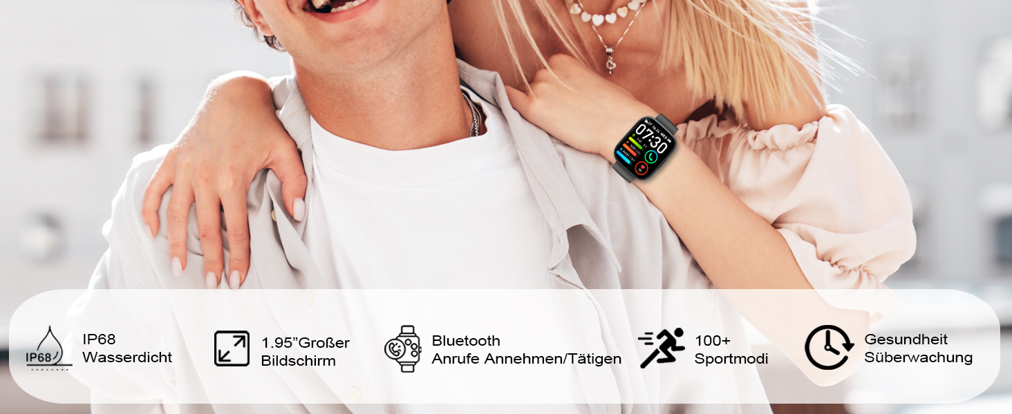 Smartwatch mit buntem Display am Handgelenk. Die folgenden Symbole zeigen Funktionen: IP68-wasserdicht, 1,9-Zoll-Bildschirm, Bluetooth, über 100 Sportmodi