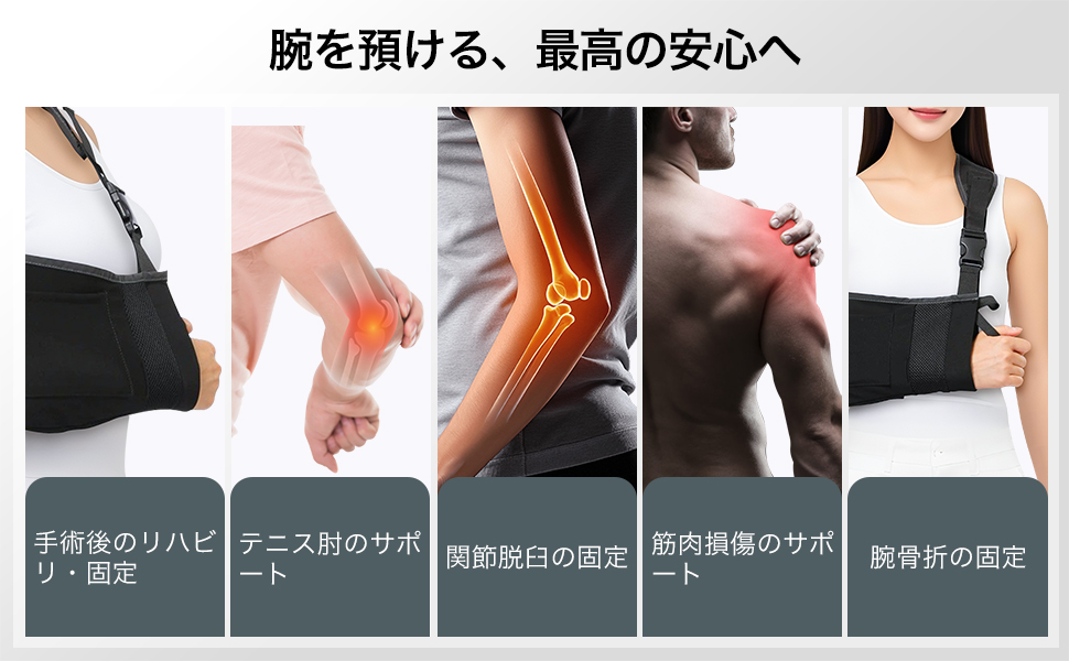 アームホルダー アームスリング 腕用 サポーター 腕吊り 腕つり 腕スリング 三角巾 大人用 ポケット付き 左右兼用 肩・腕・肘の安定固定 リハビリ・骨折後ケア 通気性 快適サポート ブラック