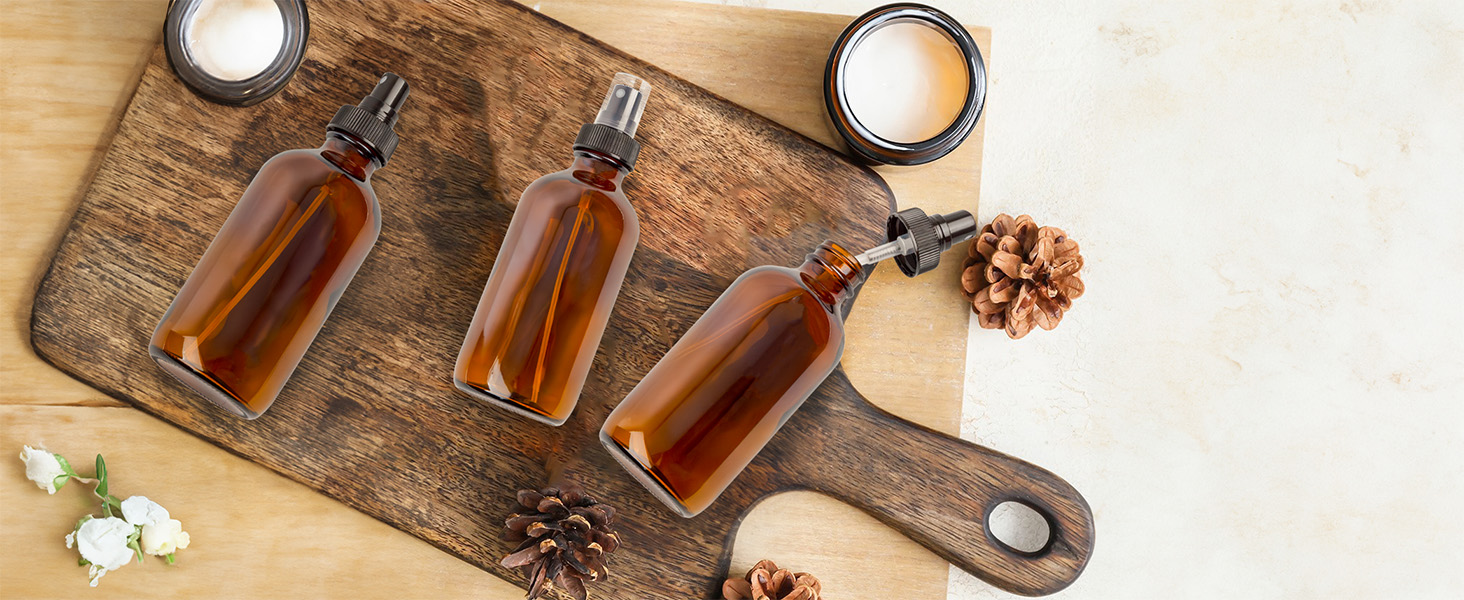 bottles on wooden surface with beauty elements.
