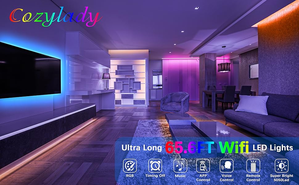 Cozylady RGB LED Strip Lights 65.6FT, WiFi LED Light Compatible with Alexa and Google Home