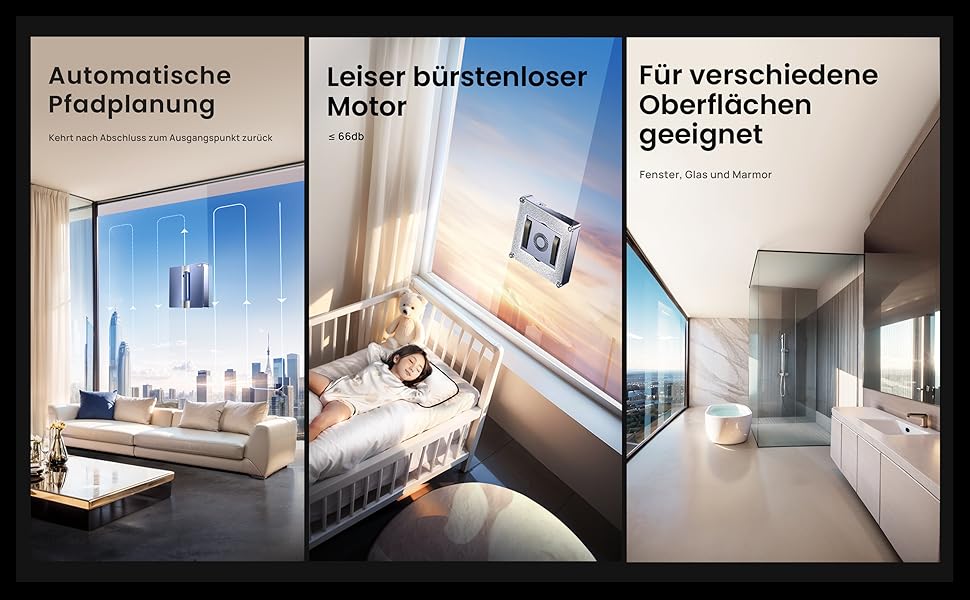 Dreiteiliges Bild, das den Roboterstaubsauger in verschiedenen Raumeinstellungen zeigt: Wohnzimmer, Schlafzimmer und Badezimmer. Der deutsche Text beschreibt Funktionen