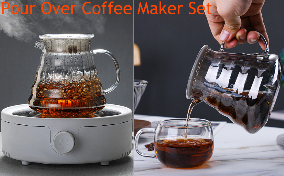 Qiccijoo Pour Over Coffee Maker Set,Drip Coffee Maker with 100 pcs V01 Paper Filter,20 oz Borosilicate Glass Carafe,Portable Coffee Dripper Brewer for Home Cafe Restaurant Camping, 600ml 17 Pour Over Coffee Maker Set C2