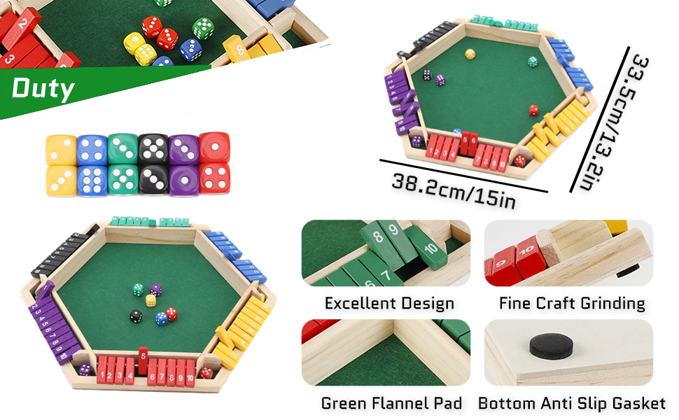 Shut The Box Game, Box Dice Game, 6 Player 6 Color Sided Wooden