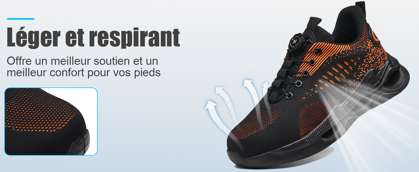 Sneaker athlétique présentée sous plusieurs angles, avec une palette de couleurs noir et orange avec une tige en tricot texturé et une semelle en caoutchouc. Le texte en italien décrit les avantages du produit.