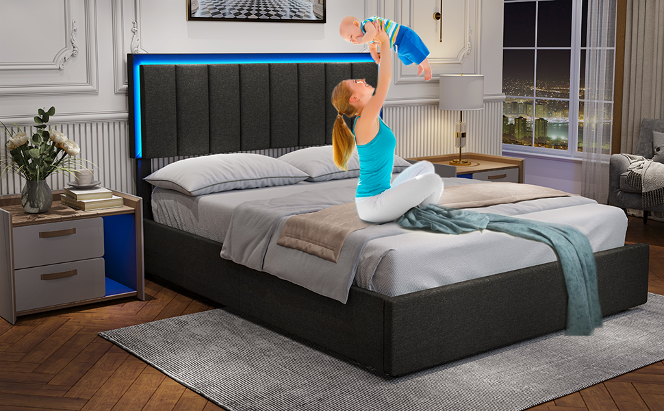 DICTAC Queen LED Bed Frame with 4 Storage Drawers Modern