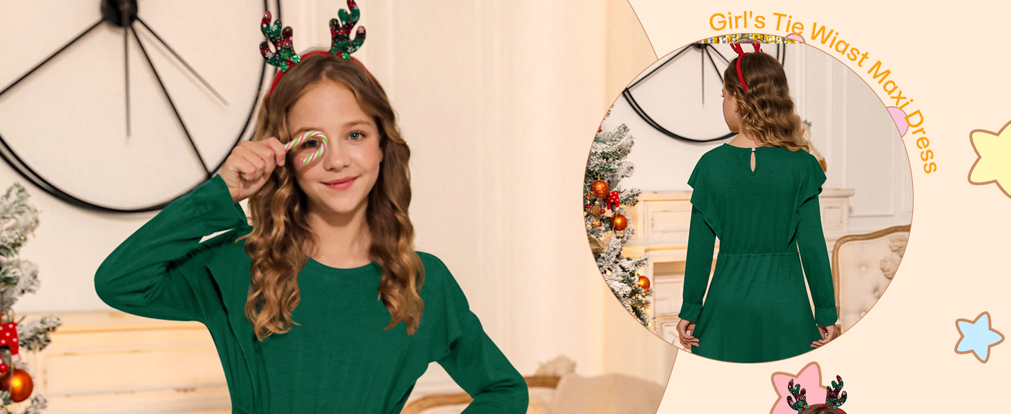 BesserBay Girls Ruffle Long Sleeve Long Dress Autumn Casual Maxi