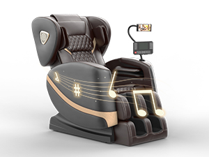 Full-body massage chair with dark gray upholstery, quilted backrest, gold accents, and a side control panel. Features armrests, leg rests, and a headrest for comprehensive relaxation.