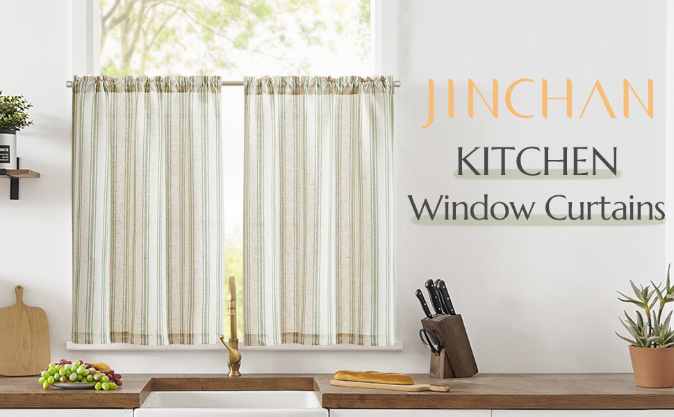 Amazon.com: jinchan Striped Linen Kitchen Curtains 24 Inch
