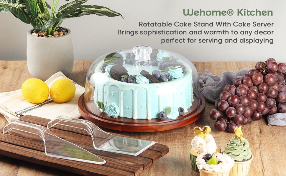 Wehome Rotating Cake Stand with Dome，Acacia Wood Cake Stand