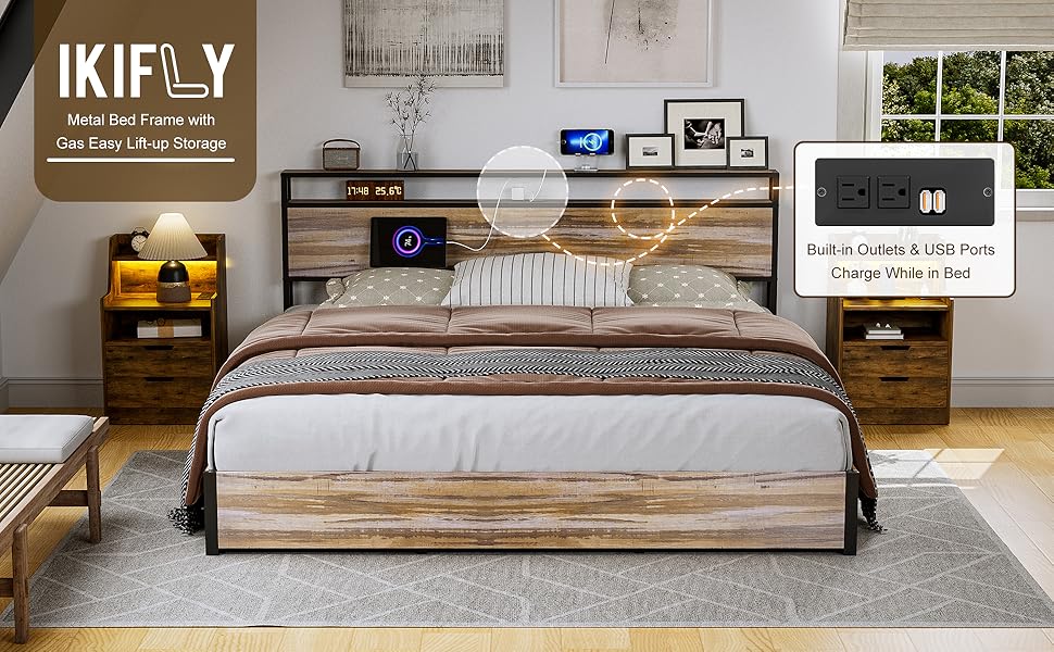 IKIFLY Full Size Lift Up Storage Bed with Charging Station