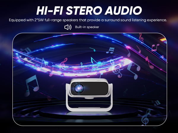 Compact projector with built-in speaker, featuring Hi-Fi stereo audio. Colorful musical notes and light trails swirl around the device, illustrating surround sound capabilities.
